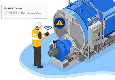 Infographic of maintenance worker checking mobile device alerting them of serious motor bearing wear