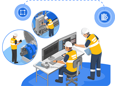Infographic of maintenance workers in hardhats at a desk viewing data on two monitors